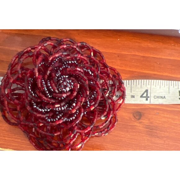 Vintage Red Seed Bead Flower Pin Brooch Large Floral Statement Estate 3.5" - Picture 5 of 5